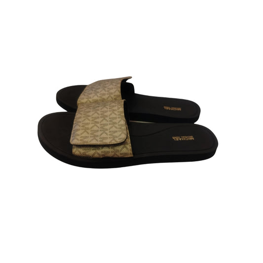 "Michael Kors MK Signature Logo Print Wade Slide sandal Gold/White