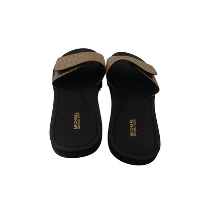 "Michael Kors MK Signature Logo Print Wade Slide sandal Gold/White