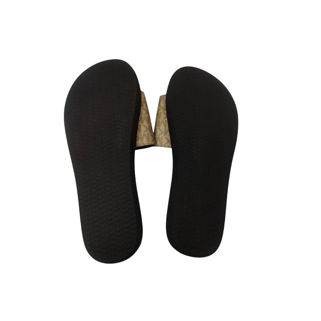 "Michael Kors MK Signature Logo Print Wade Slide sandal Gold/White
