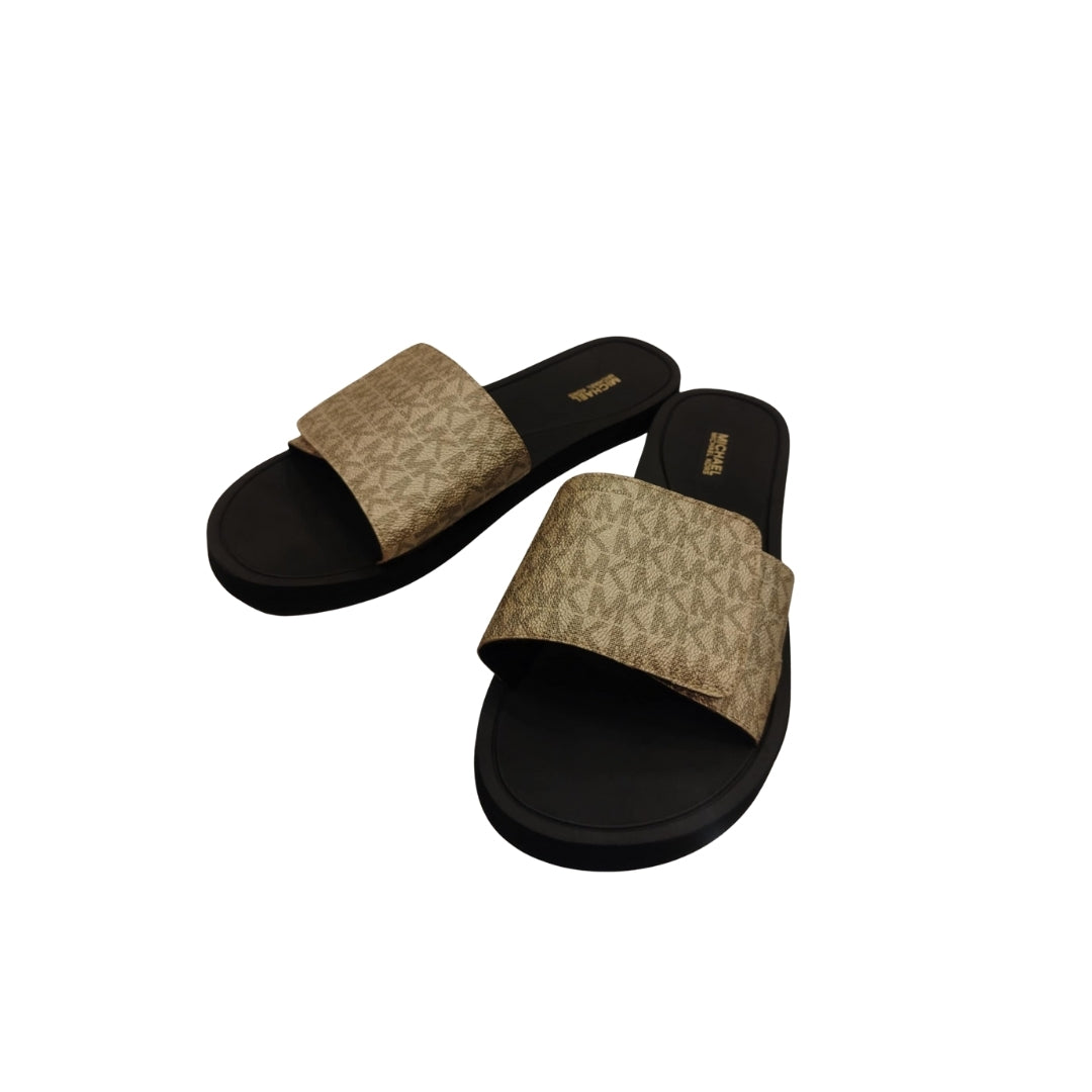 "Michael Kors MK Signature Logo Print Wade Slide sandal Gold/White