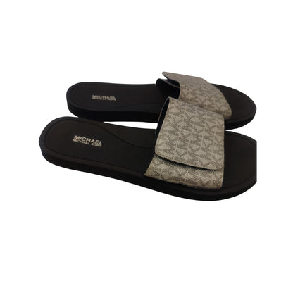 "Michael Kors MK Signature Logo Print Wade Slide sandal Gold/White