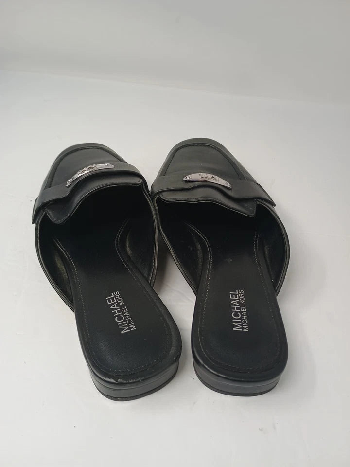 Michael Kors Ashley Black Silver Logo Plate Mule Women's 9